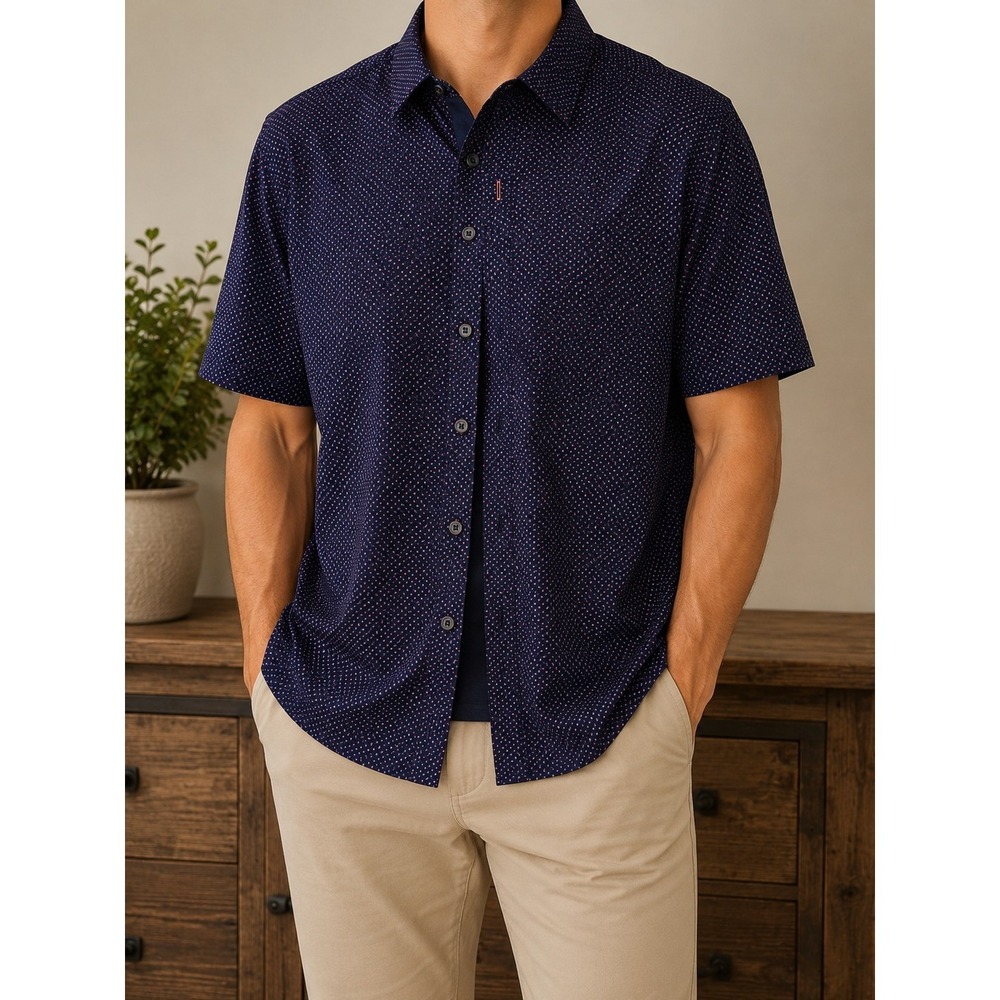 Beverly Hills Polo Club Men's 3XLT Navy Pink Geometric Button Front Shirt